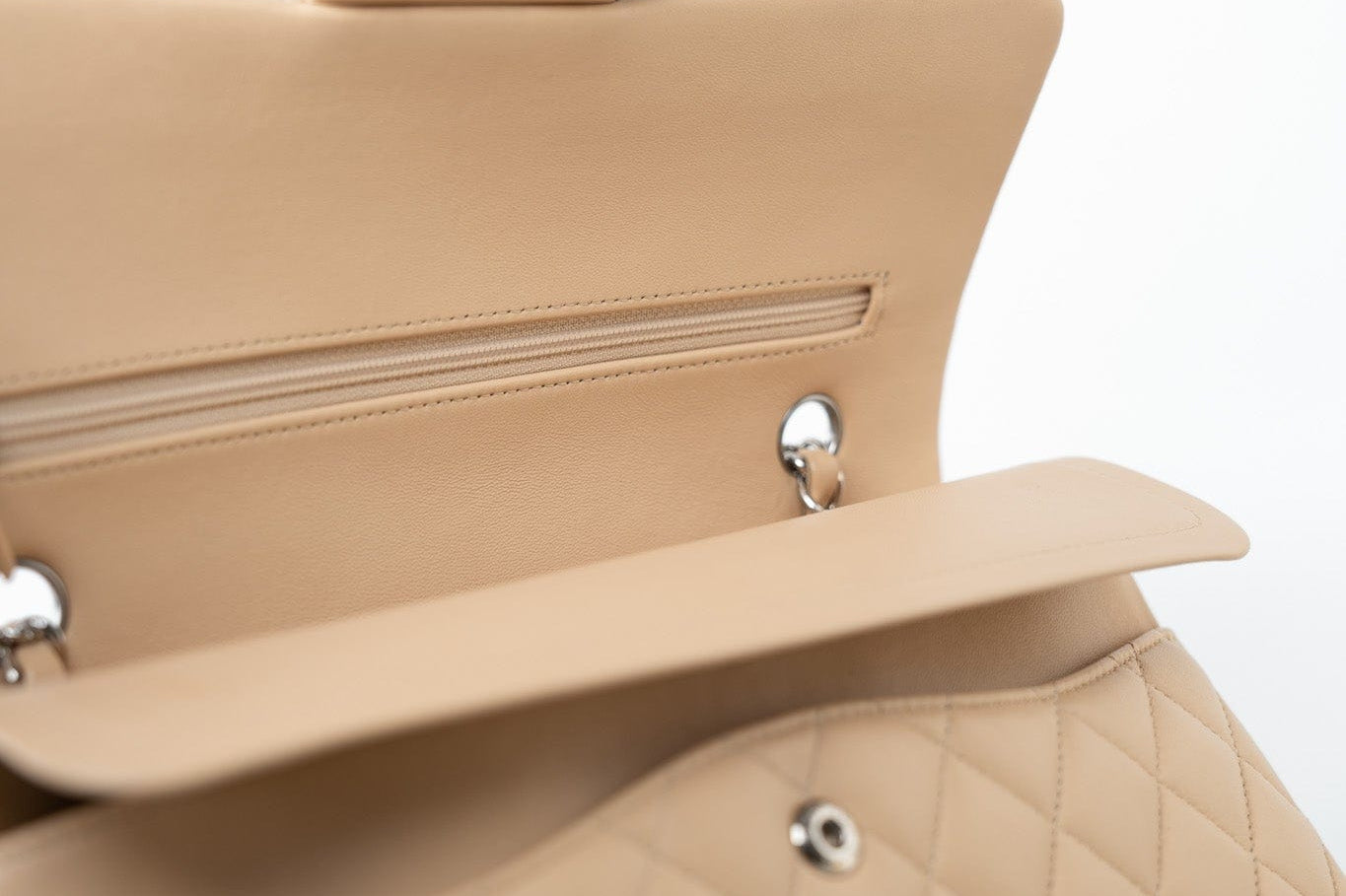 CHANEL Handbag Beige Clair Lambskin Quilted Classic Flap Medium Silver Hardware - Redeluxe