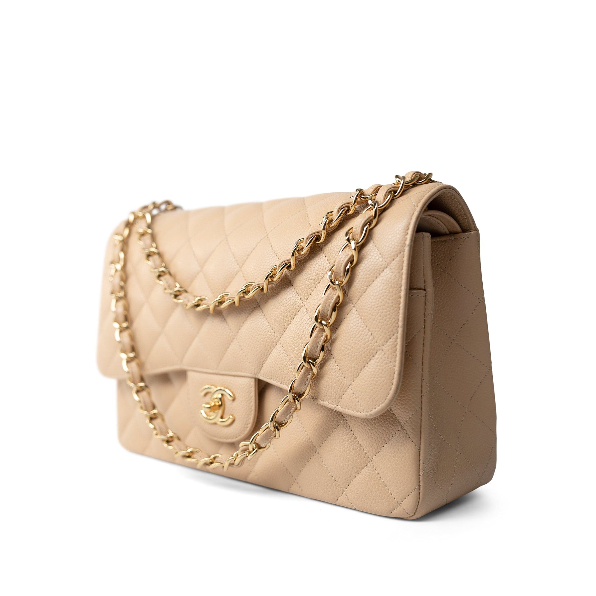 CHANEL Handbag Beige / Classic flap Beige Clair Caviar Quilted Jumbo Classic Flap Gold Hardware - Redeluxe
