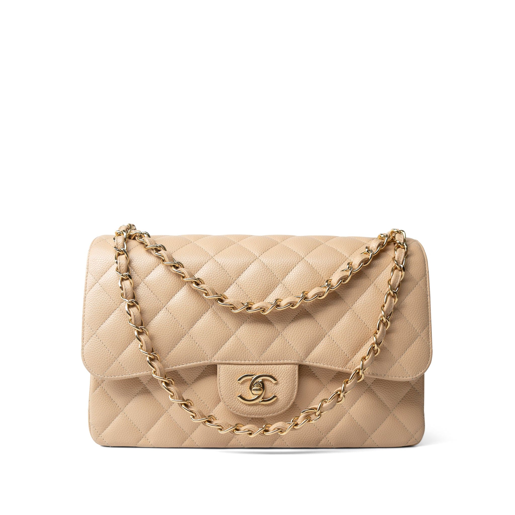 CHANEL Handbag Beige / Classic flap Beige Clair Caviar Quilted Jumbo Classic Flap Gold Hardware - Redeluxe