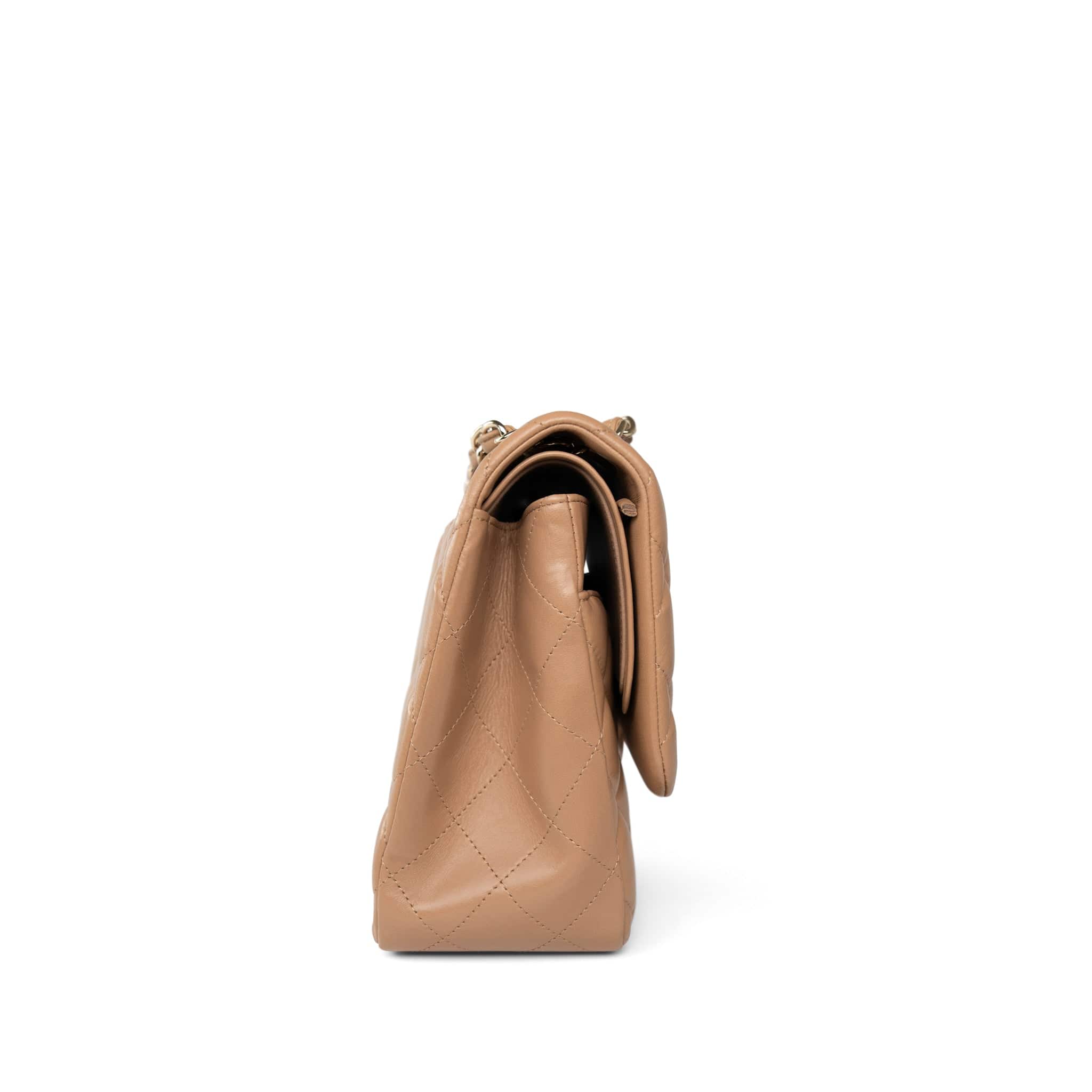 CHANEL Handbag Beige Dark Beige / Caramel Lambskin Quilted Jumbo Classic Flap Light Gold Hardware - Redeluxe