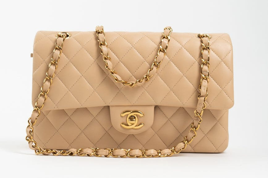CHANEL Handbag Beige Lambskin Quilted Classic Flap Medium GHW - Redeluxe
