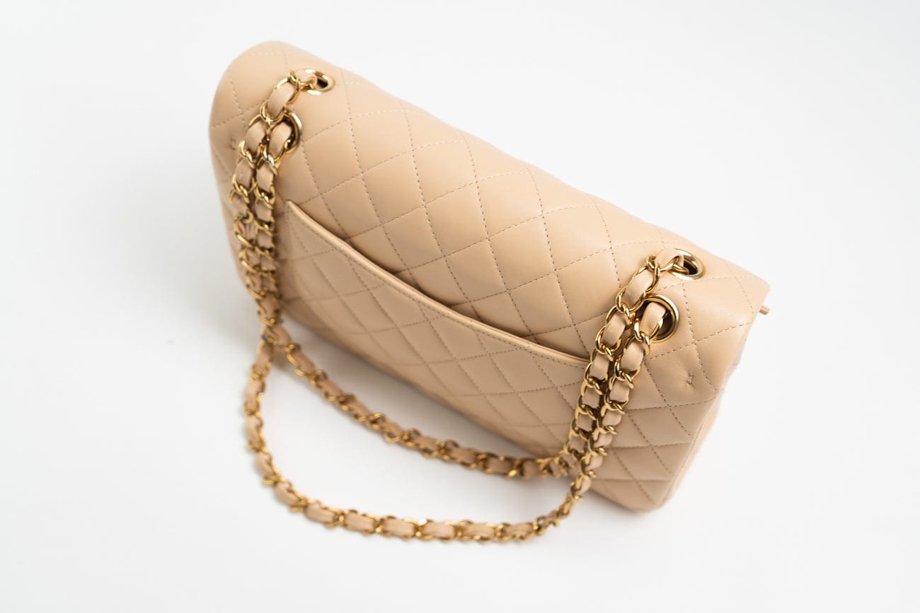 CHANEL Handbag Beige Lambskin Quilted Classic Flap Medium GHW - Redeluxe