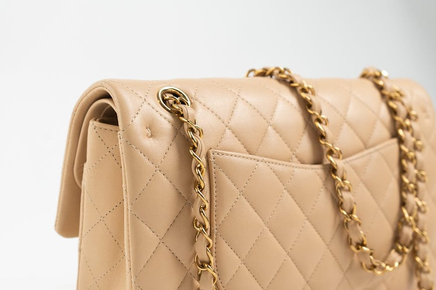 CHANEL Handbag Beige Lambskin Quilted Classic Flap Medium GHW - Redeluxe
