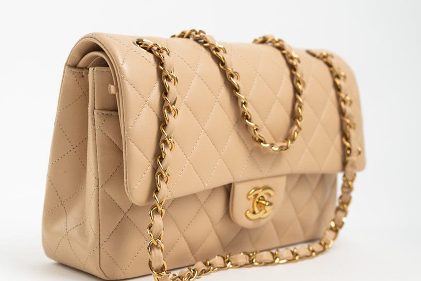 CHANEL Handbag Beige Lambskin Quilted Classic Flap Medium GHW - Redeluxe