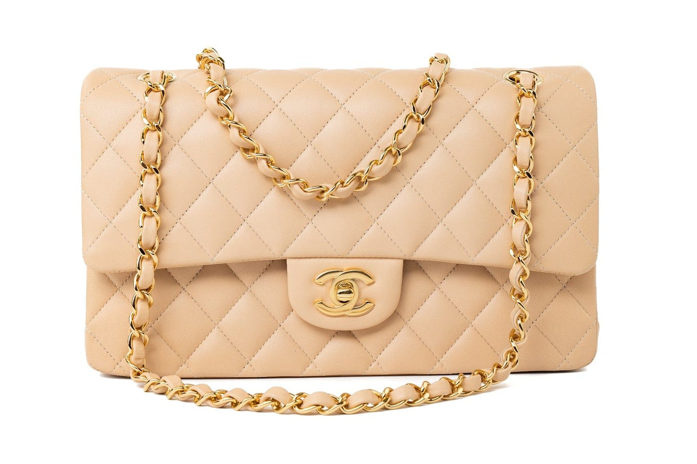 CHANEL Handbag Beige Lambskin Quilted Classic Flap Medium GHW - Redeluxe