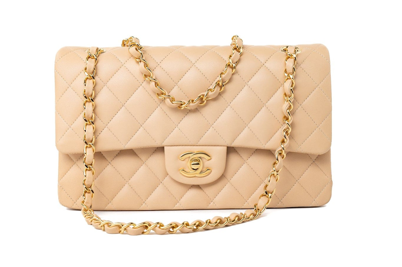 CHANEL Handbag Beige Lambskin Quilted Classic Flap Medium GHW - Redeluxe