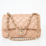 CHANEL Handbag Beige Lambskin Quilted Mini Rectangular Flap Light Gold Hardware - Redeluxe