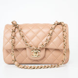 CHANEL Handbag Beige Lambskin Quilted Mini Rectangular Flap Light Gold Hardware - Redeluxe