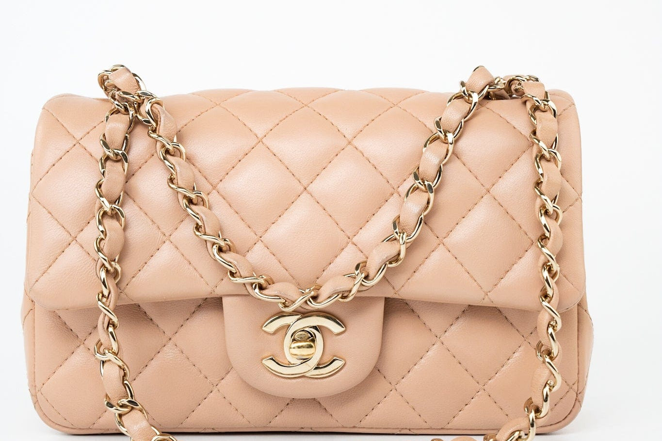 CHANEL Handbag Beige Lambskin Quilted Mini Rectangular Flap Light Gold Hardware - Redeluxe