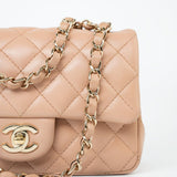 CHANEL Handbag Beige Lambskin Quilted Mini Rectangular Flap Light Gold Hardware - Redeluxe