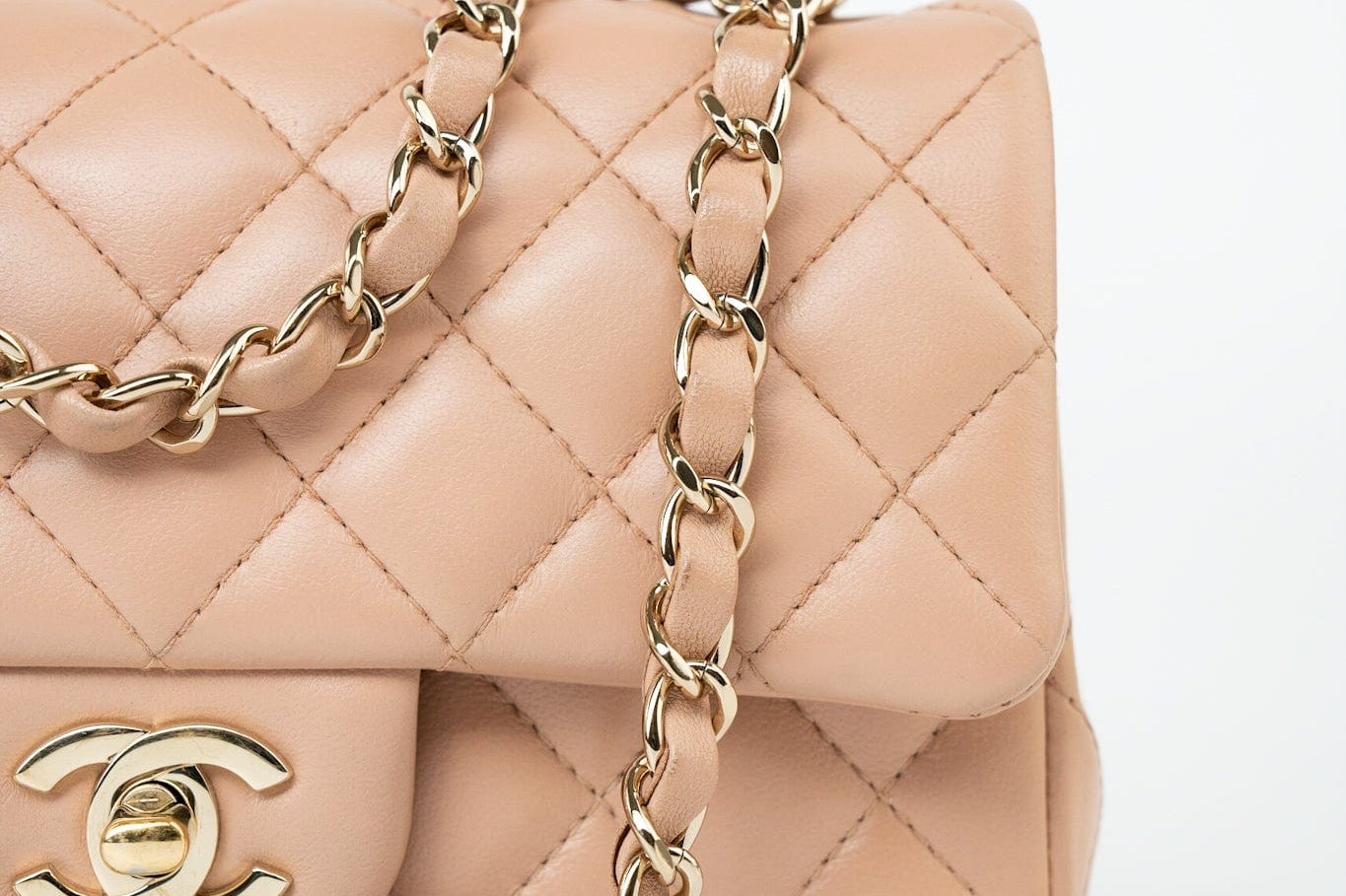 CHANEL Handbag Beige Lambskin Quilted Mini Rectangular Flap Light Gold Hardware - Redeluxe