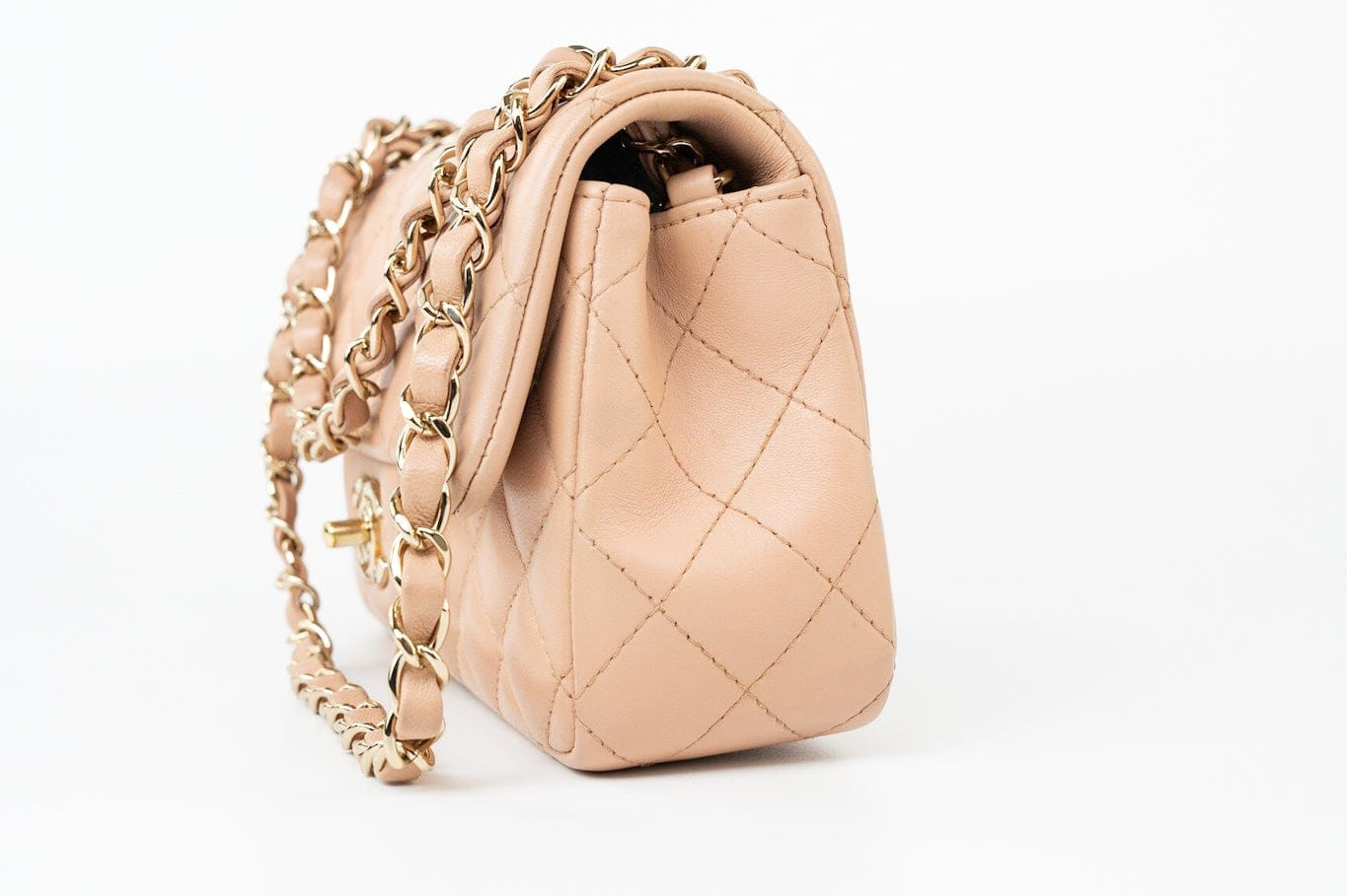 CHANEL Handbag Beige Lambskin Quilted Mini Rectangular Flap Light Gold Hardware - Redeluxe