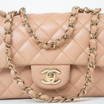 CHANEL Handbag Beige Lambskin Quilted Mini Rectangular Flap Light Gold Hardware - Redeluxe