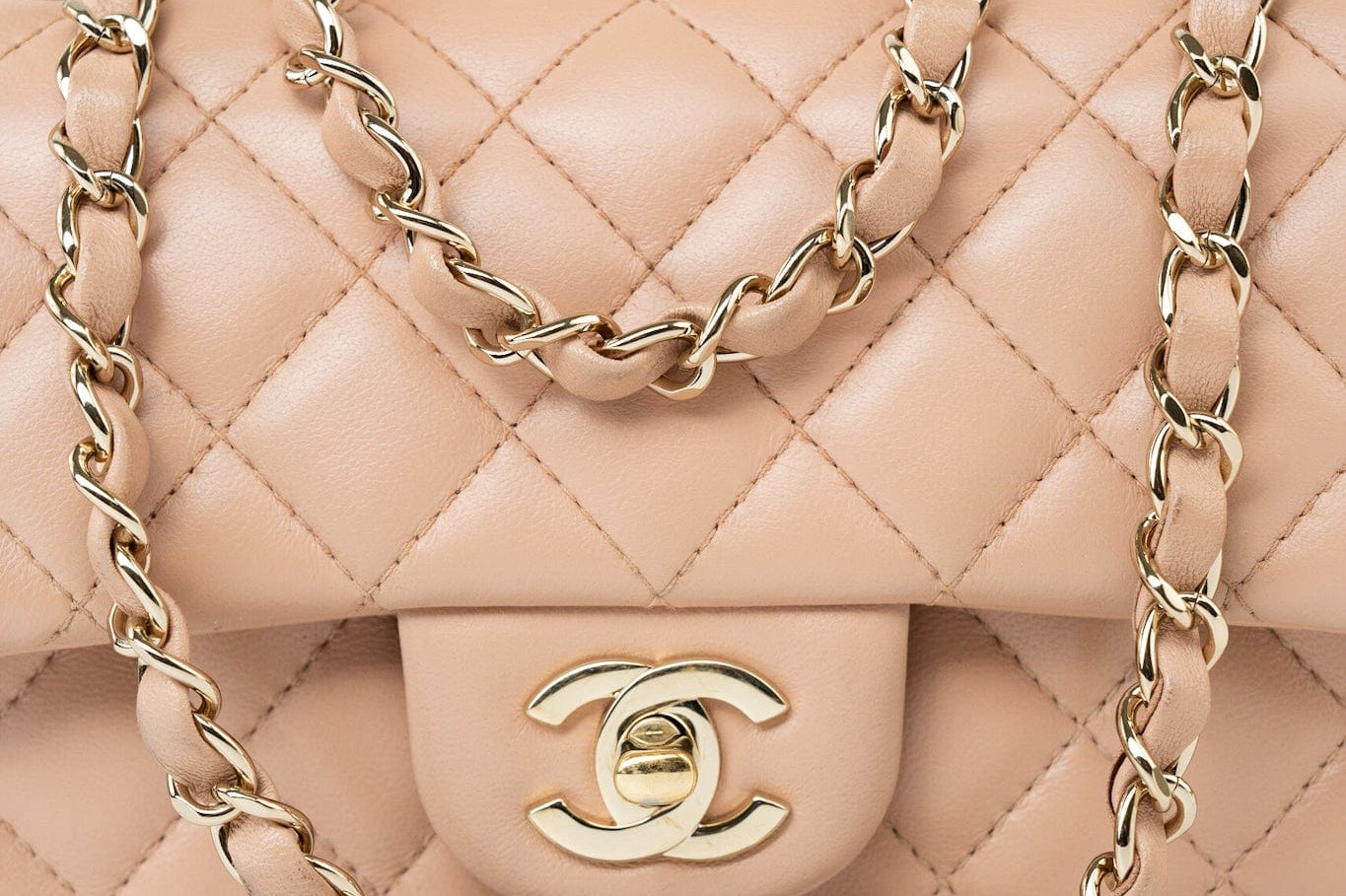 CHANEL Handbag Beige Lambskin Quilted Mini Rectangular Flap Light Gold Hardware - Redeluxe