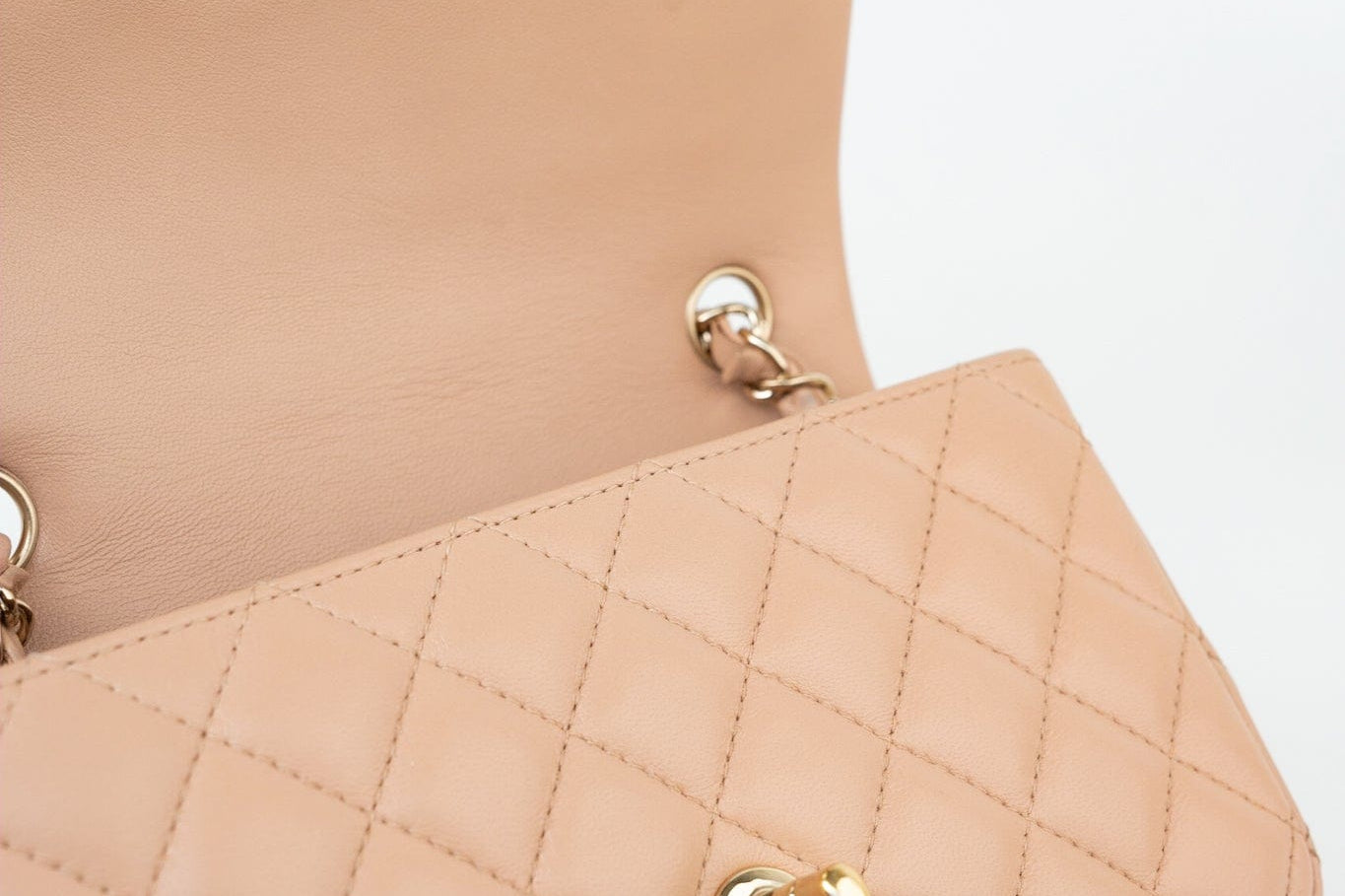 CHANEL Handbag Beige Lambskin Quilted Mini Rectangular Flap Light Gold Hardware - Redeluxe