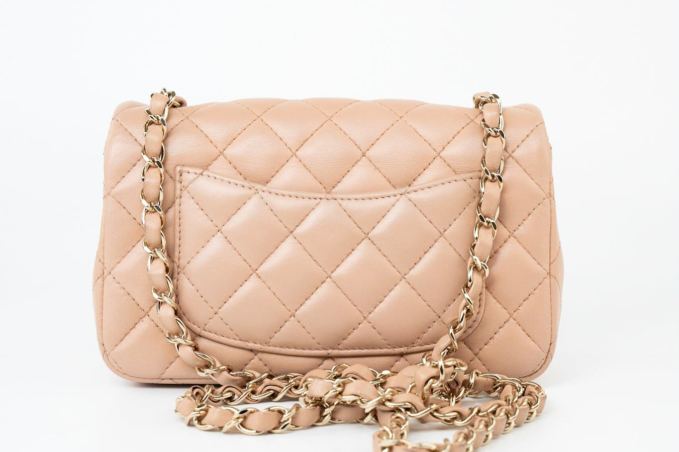 CHANEL Handbag Beige Lambskin Quilted Mini Rectangular Flap Light Gold Hardware - Redeluxe