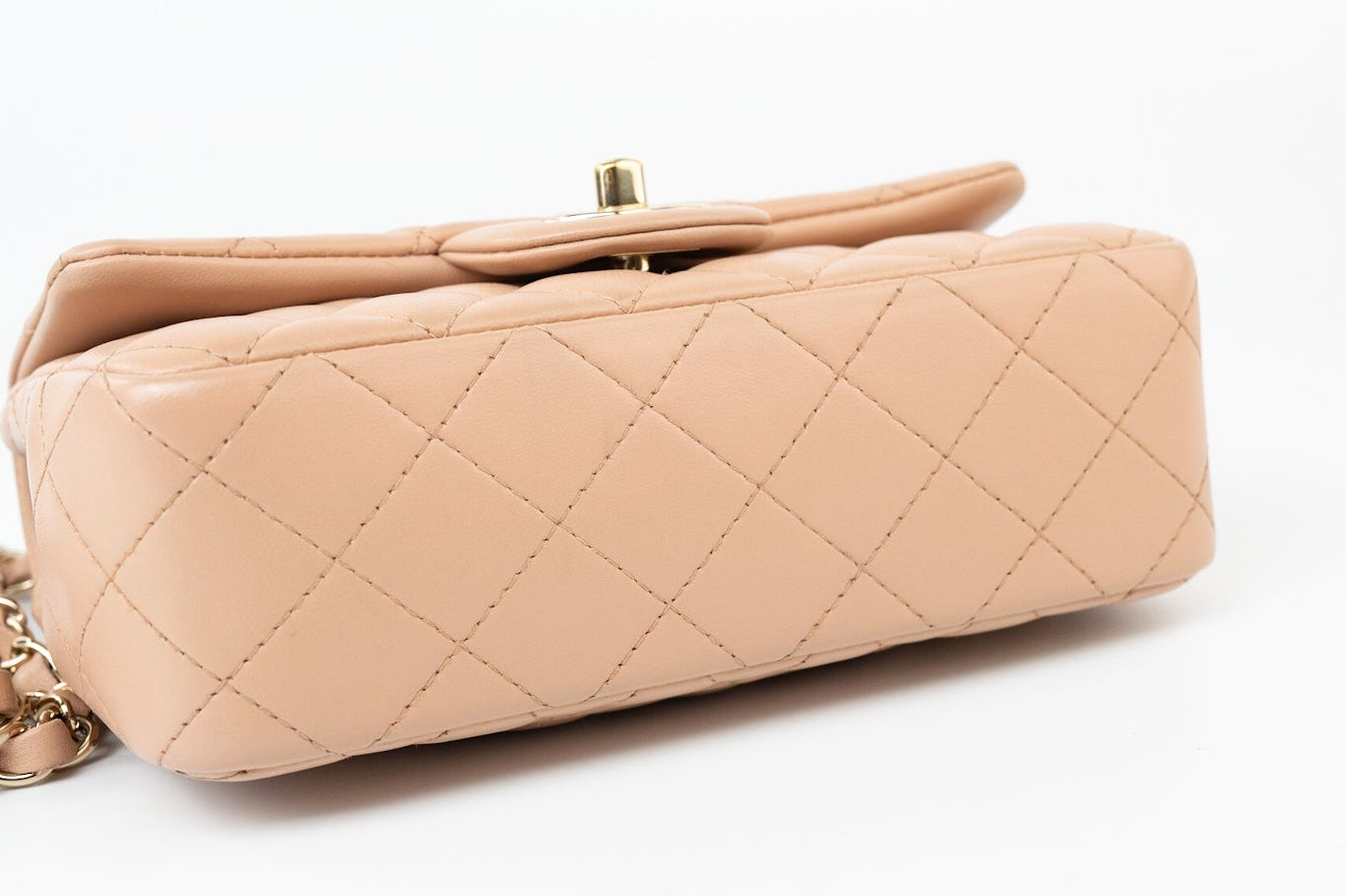 CHANEL Handbag Beige Lambskin Quilted Mini Rectangular Flap Light Gold Hardware - Redeluxe