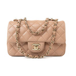 CHANEL Handbag Beige Lambskin Quilted Mini Rectangular Flap Light Gold Hardware - Redeluxe
