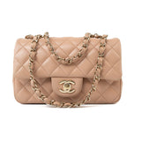 CHANEL Handbag Beige Lambskin Quilted Mini Rectangular Flap Light Gold Hardware - Redeluxe
