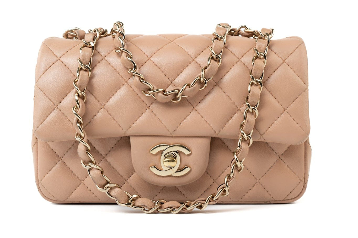 CHANEL Handbag Beige Lambskin Quilted Mini Rectangular Flap Light Gold Hardware - Redeluxe