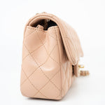CHANEL Handbag Beige Lambskin Quilted Mini Rectangular Flap Light Gold Hardware - Redeluxe