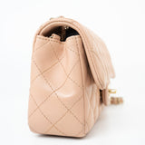 CHANEL Handbag Beige Lambskin Quilted Mini Rectangular Flap Light Gold Hardware - Redeluxe