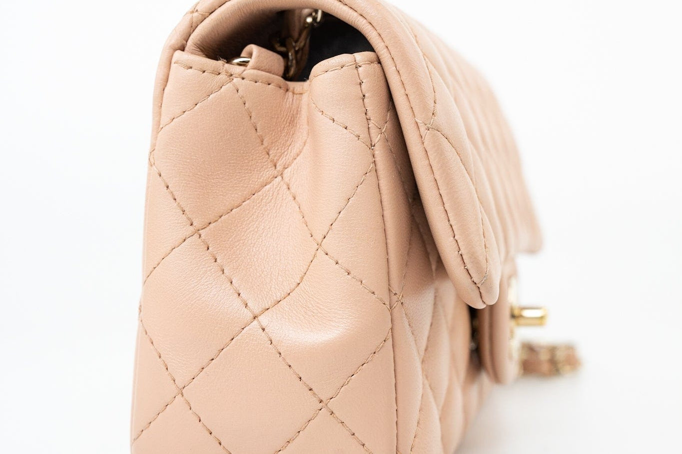 CHANEL Handbag Beige Lambskin Quilted Mini Rectangular Flap Light Gold Hardware - Redeluxe