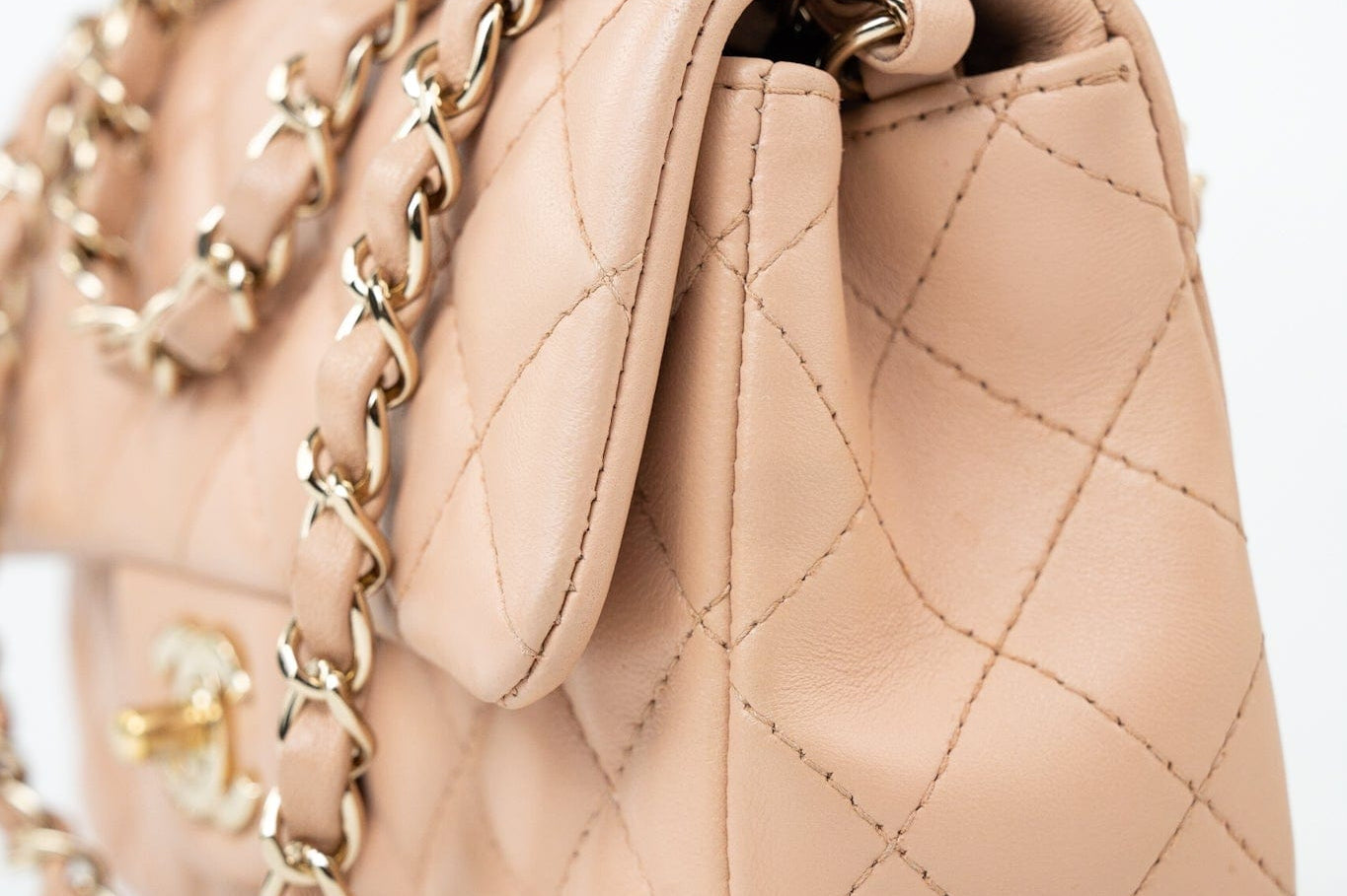 CHANEL Handbag Beige Lambskin Quilted Mini Rectangular Flap Light Gold Hardware - Redeluxe