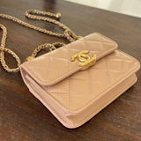 CHANEL Handbag Beige Micro Lambskin Quilted Coin Purse with Chain Aged Gold Hardware - Redeluxe