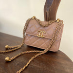 CHANEL Handbag Beige Micro Lambskin Quilted Coin Purse with Chain Aged Gold Hardware - Redeluxe