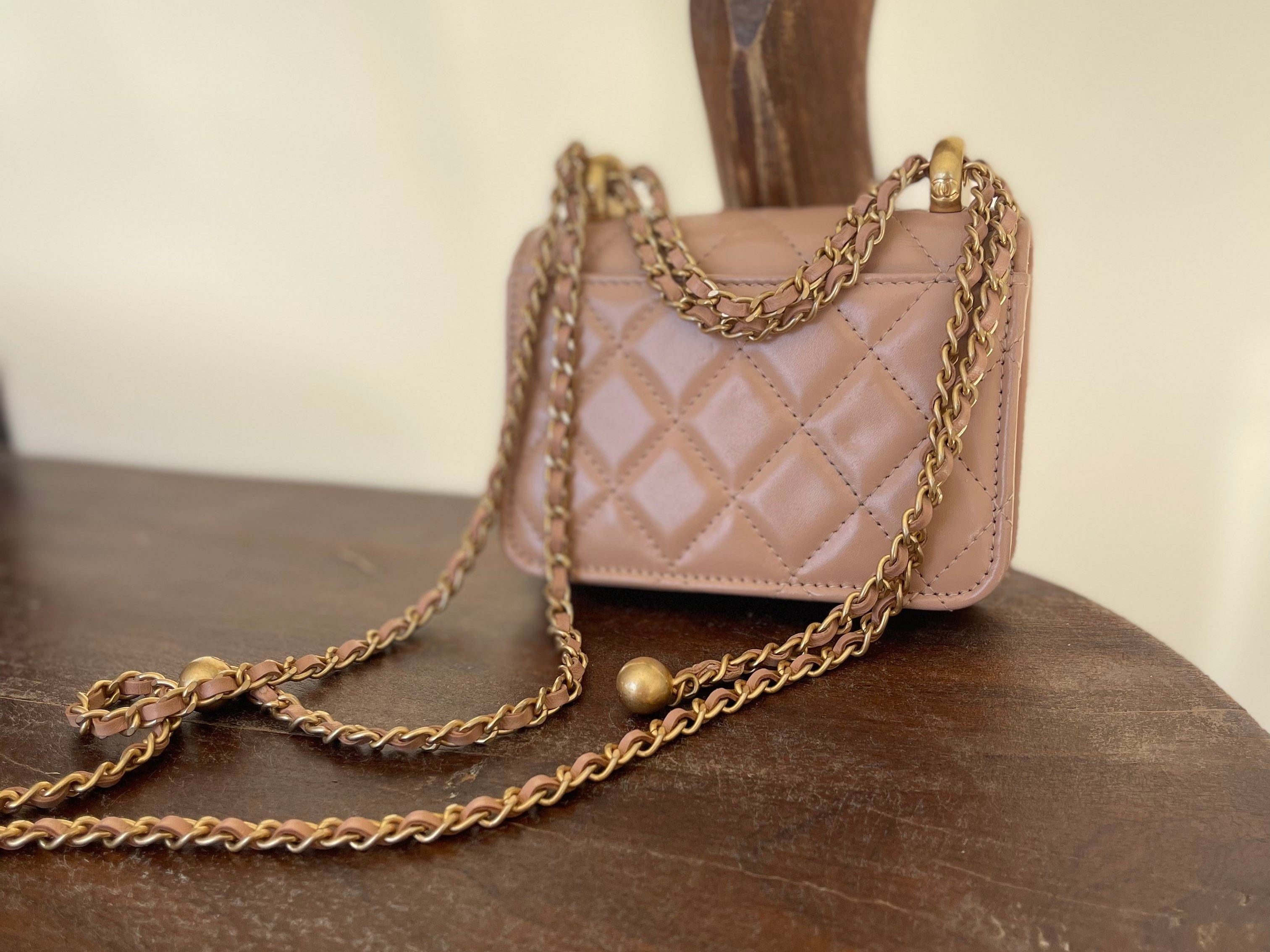 CHANEL Handbag Beige Micro Lambskin Quilted Coin Purse with Chain Aged Gold Hardware - Redeluxe