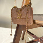 CHANEL Handbag Beige Micro Lambskin Quilted Coin Purse with Chain Aged Gold Hardware - Redeluxe
