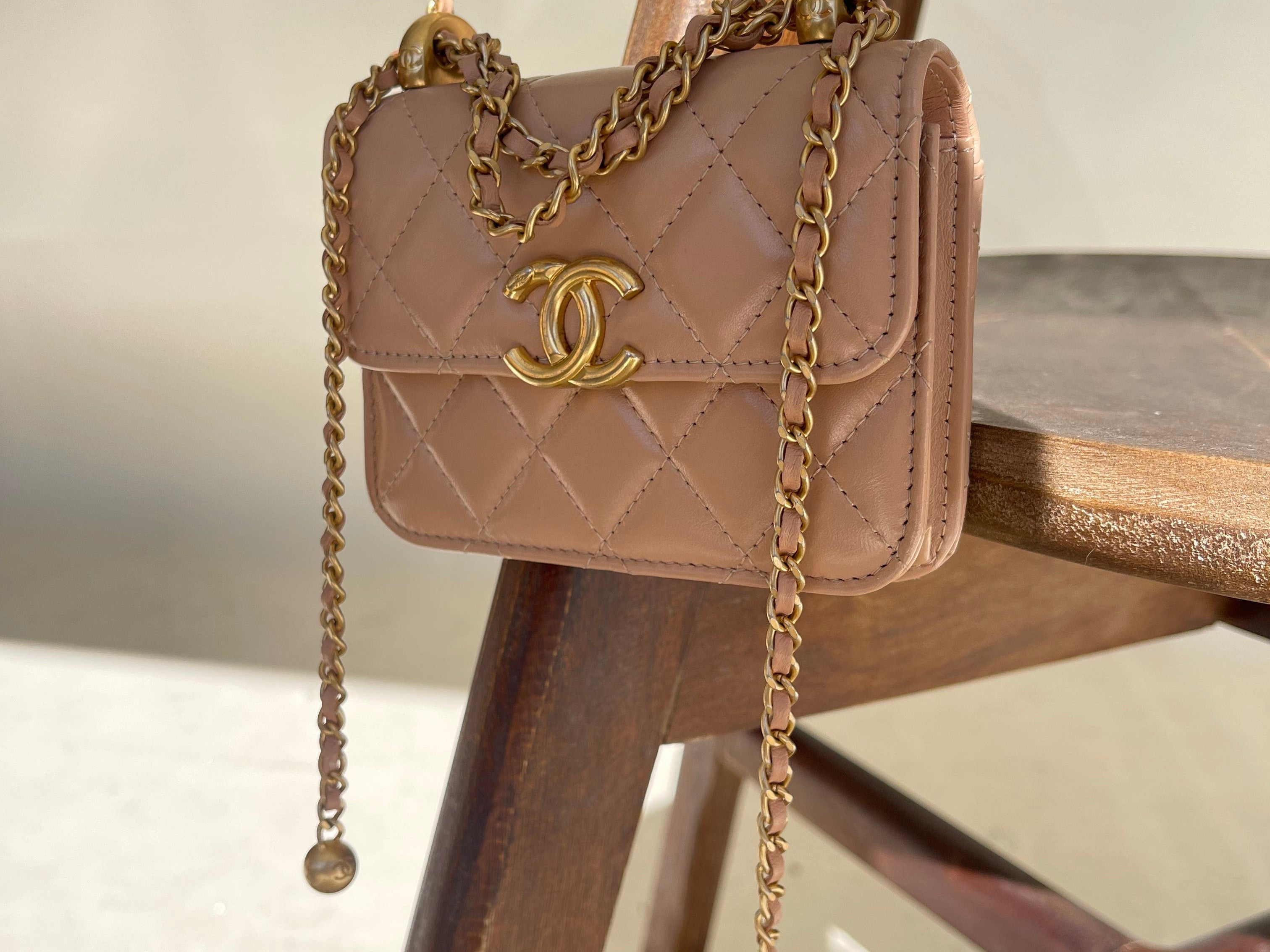 CHANEL Handbag Beige Micro Lambskin Quilted Coin Purse with Chain Aged Gold Hardware - Redeluxe
