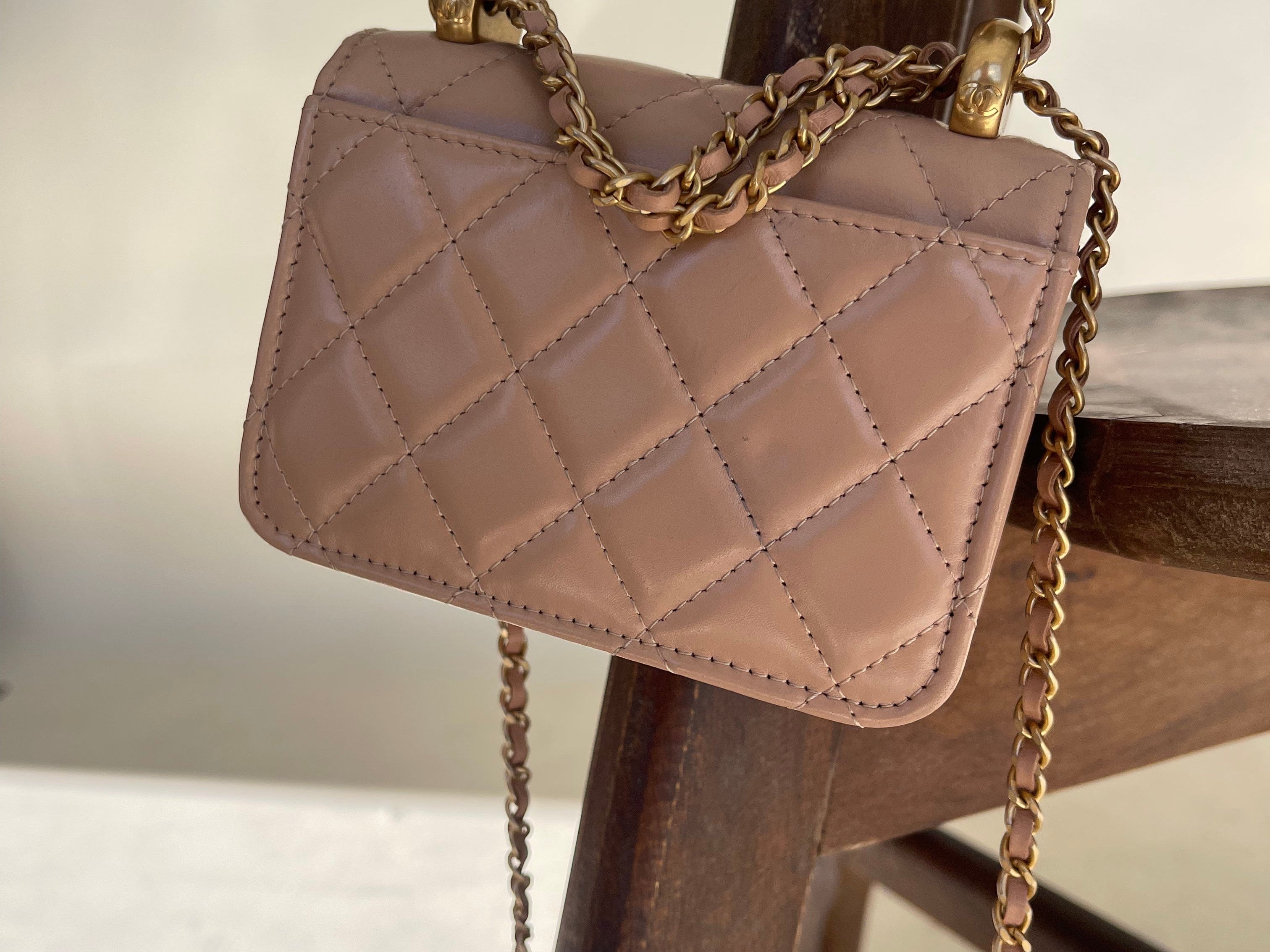 CHANEL Handbag Beige Micro Lambskin Quilted Coin Purse with Chain Aged Gold Hardware - Redeluxe
