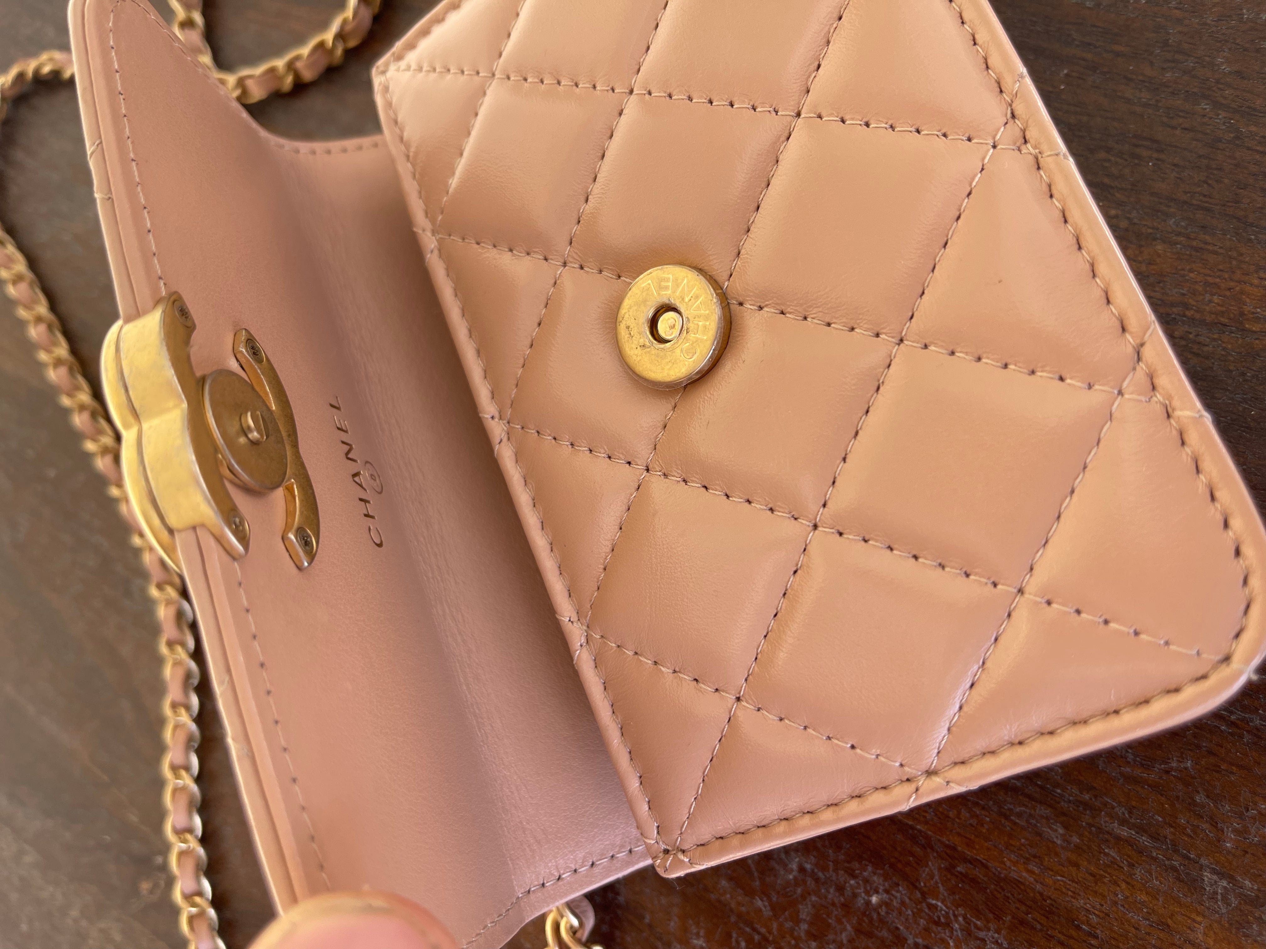CHANEL Handbag Beige Micro Lambskin Quilted Coin Purse with Chain Aged Gold Hardware - Redeluxe