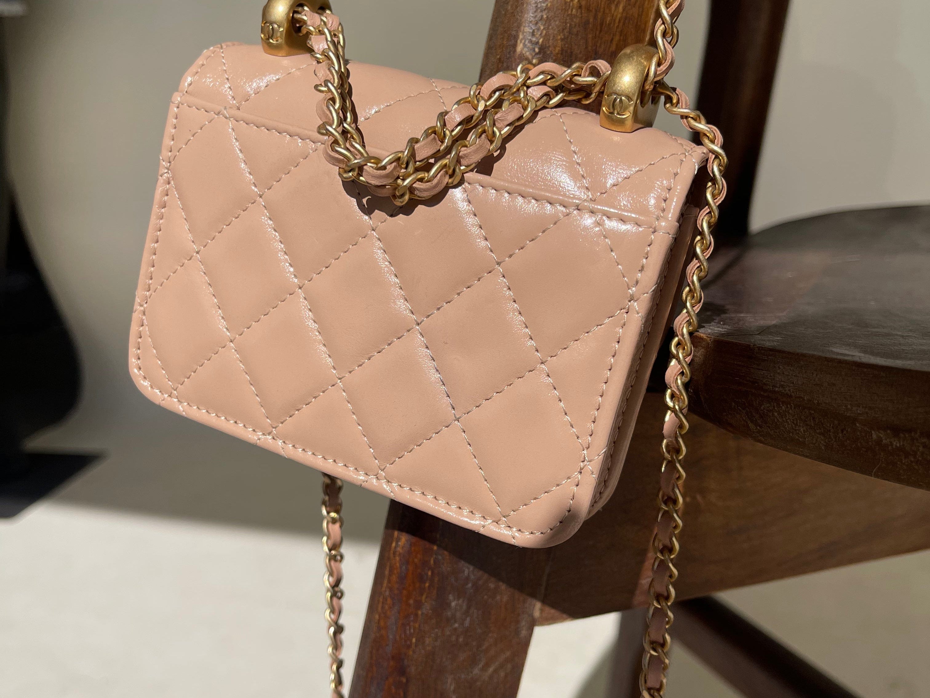 CHANEL Handbag Beige Micro Lambskin Quilted Coin Purse with Chain Aged Gold Hardware - Redeluxe