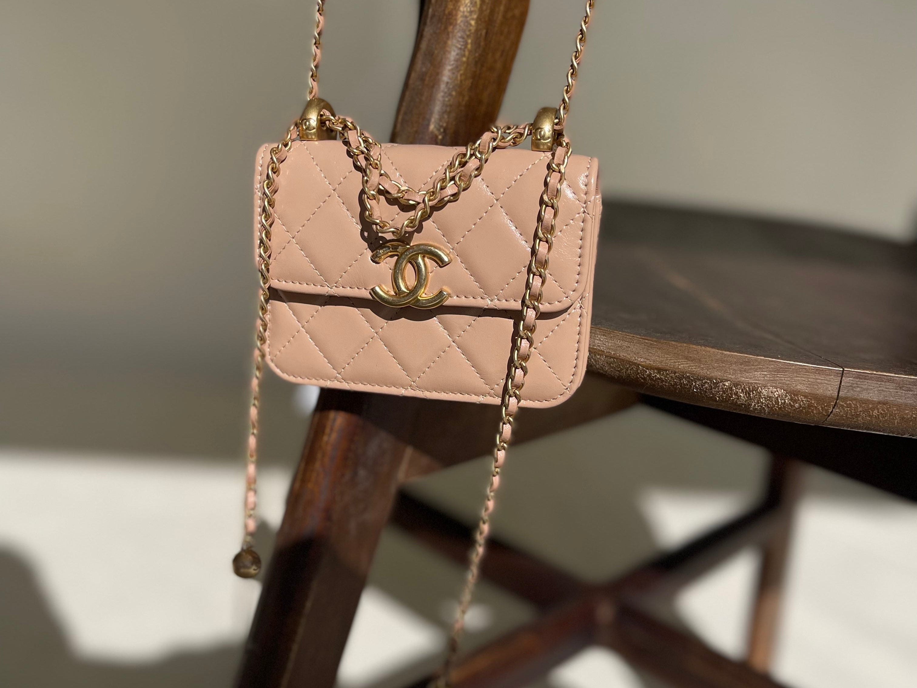CHANEL Handbag Beige Micro Lambskin Quilted Coin Purse with Chain Aged Gold Hardware - Redeluxe