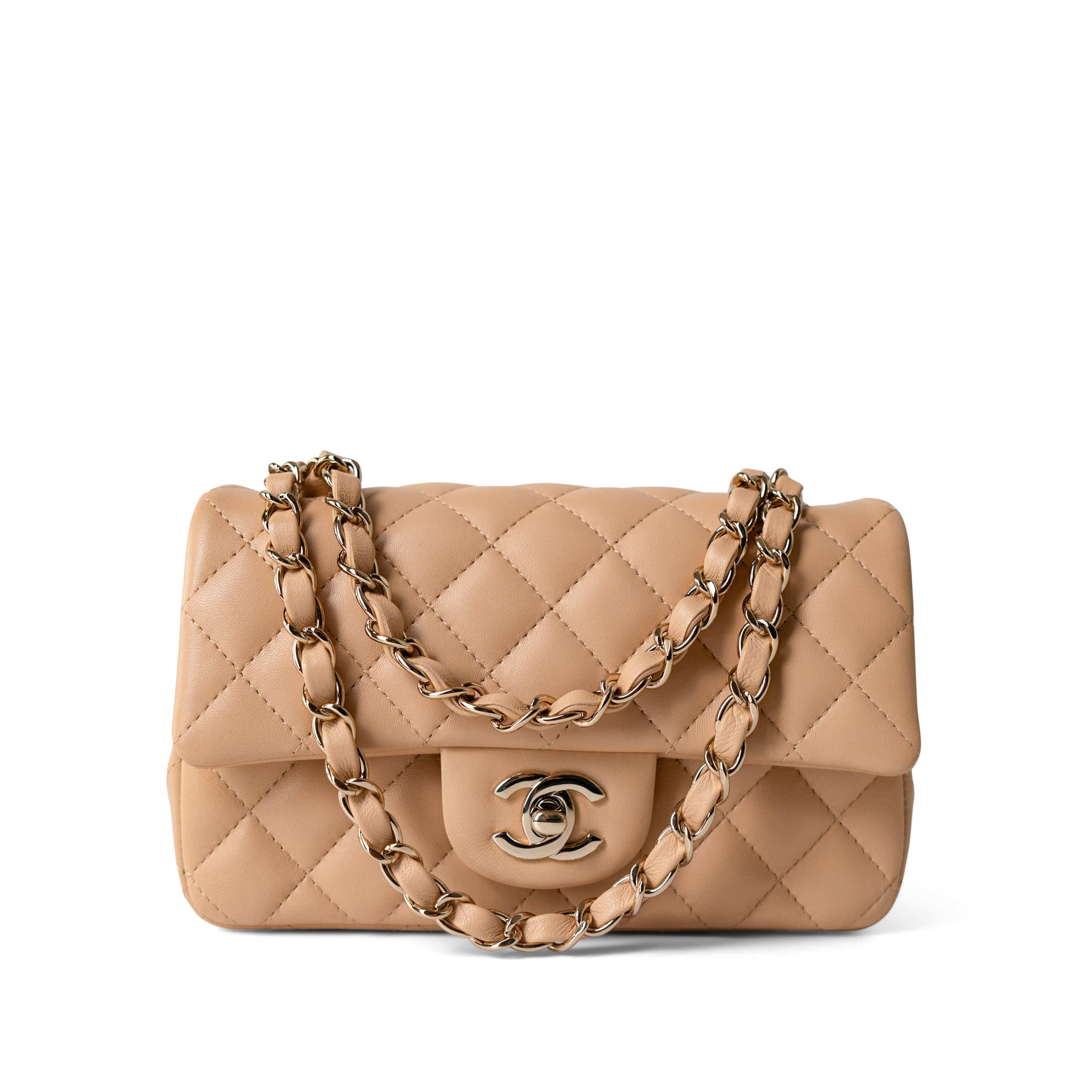 23C Beige Lambskin Quilted Mini Rectangular Flap Light Gold Hardware ...