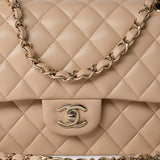 CHANEL Handbag Beige/Tan Caviar Quilted Classic Flap Medium Light Gold Hardware - Redeluxe