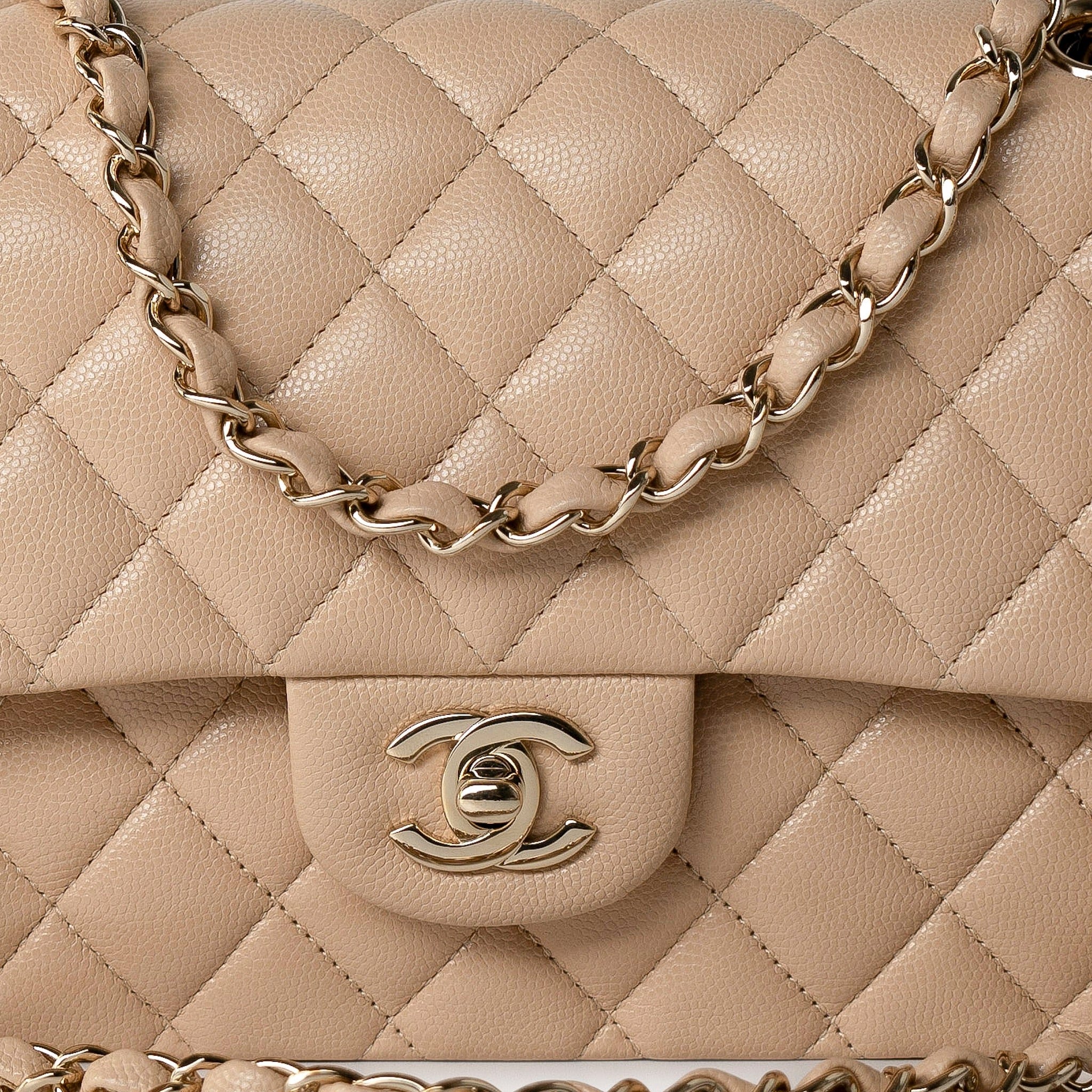 CHANEL Handbag Beige/Tan Caviar Quilted Classic Flap Medium Light Gold Hardware - Redeluxe