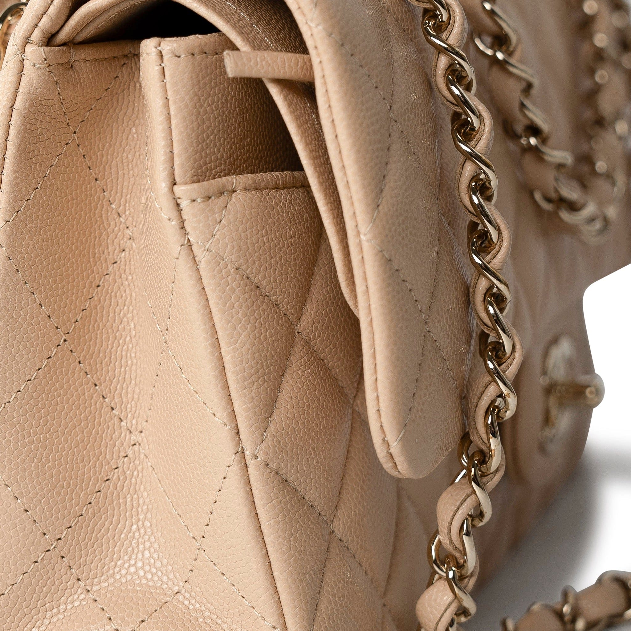 CHANEL Handbag Beige/Tan Caviar Quilted Classic Flap Medium Light Gold Hardware - Redeluxe