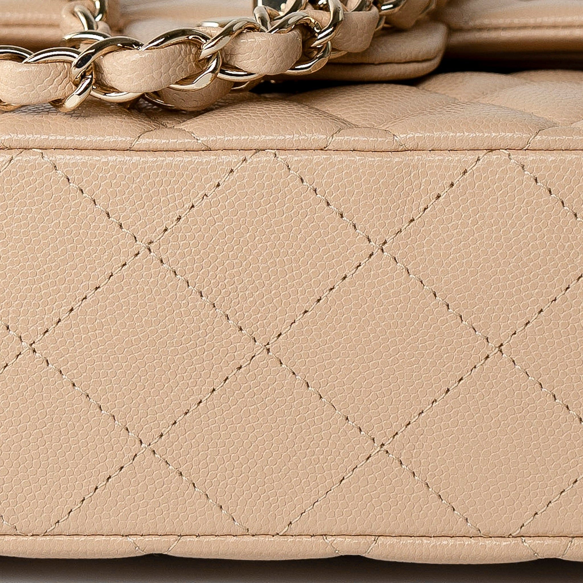 CHANEL Handbag Beige/Tan Caviar Quilted Classic Flap Medium Light Gold Hardware - Redeluxe