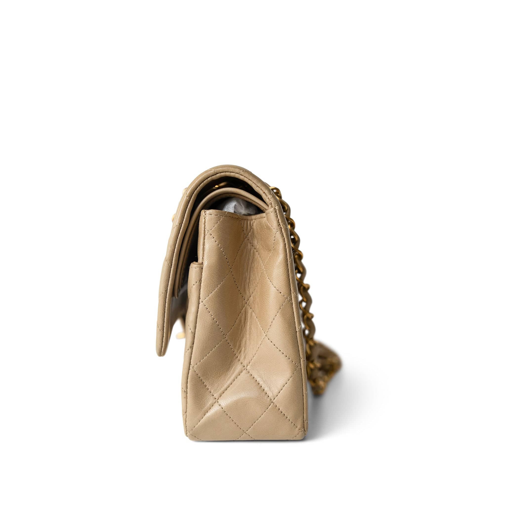 CHANEL Handbag Beige Vintage Dark Beige Lambskin Quilted Classic Flap Medium Gold Hardware - Redeluxe