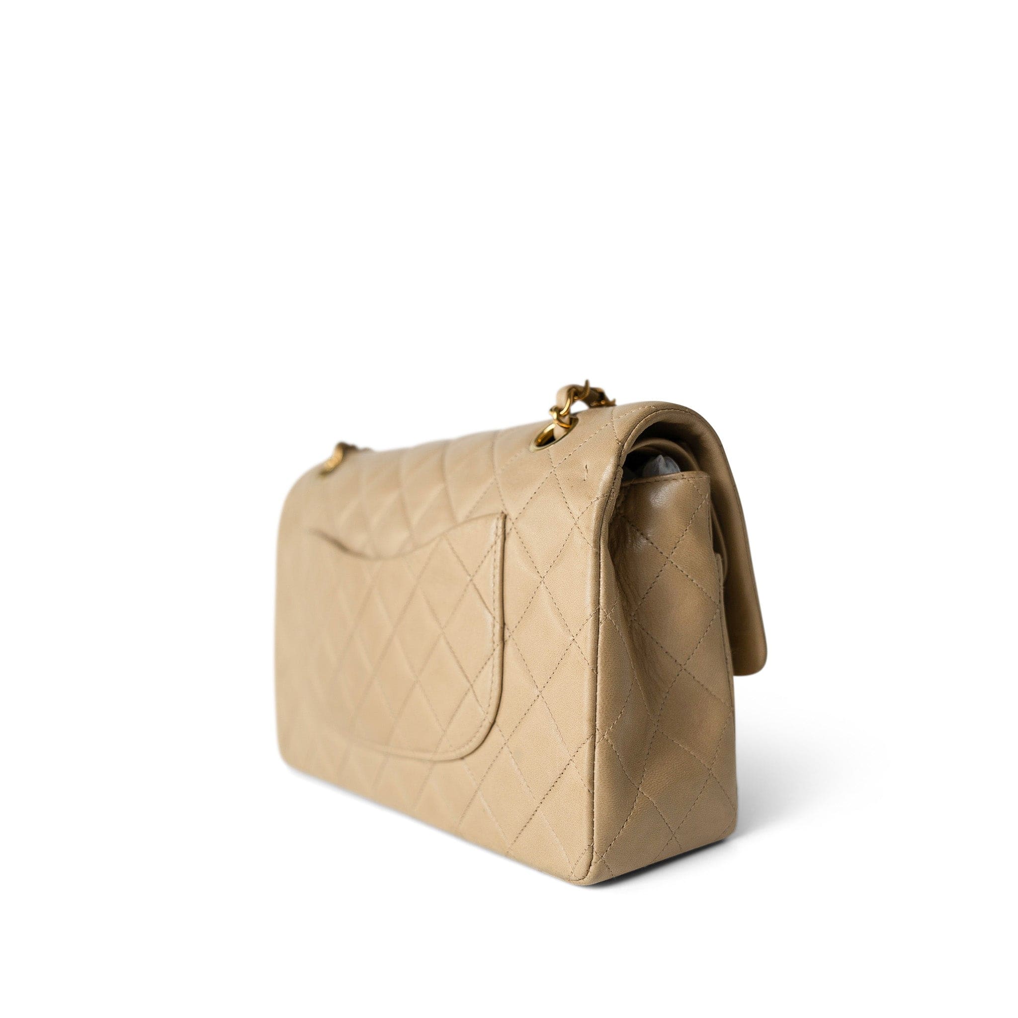 CHANEL Handbag Beige Vintage Dark Beige Lambskin Quilted Classic Flap Medium Gold Hardware - Redeluxe