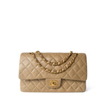 CHANEL Handbag Beige Vintage Dark Beige Lambskin Quilted Classic Flap Medium Gold Hardware - Redeluxe
