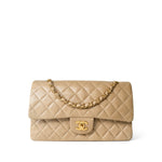 CHANEL Handbag Beige Vintage Dark Beige Lambskin Quilted Classic Flap Medium Gold Hardware - Redeluxe