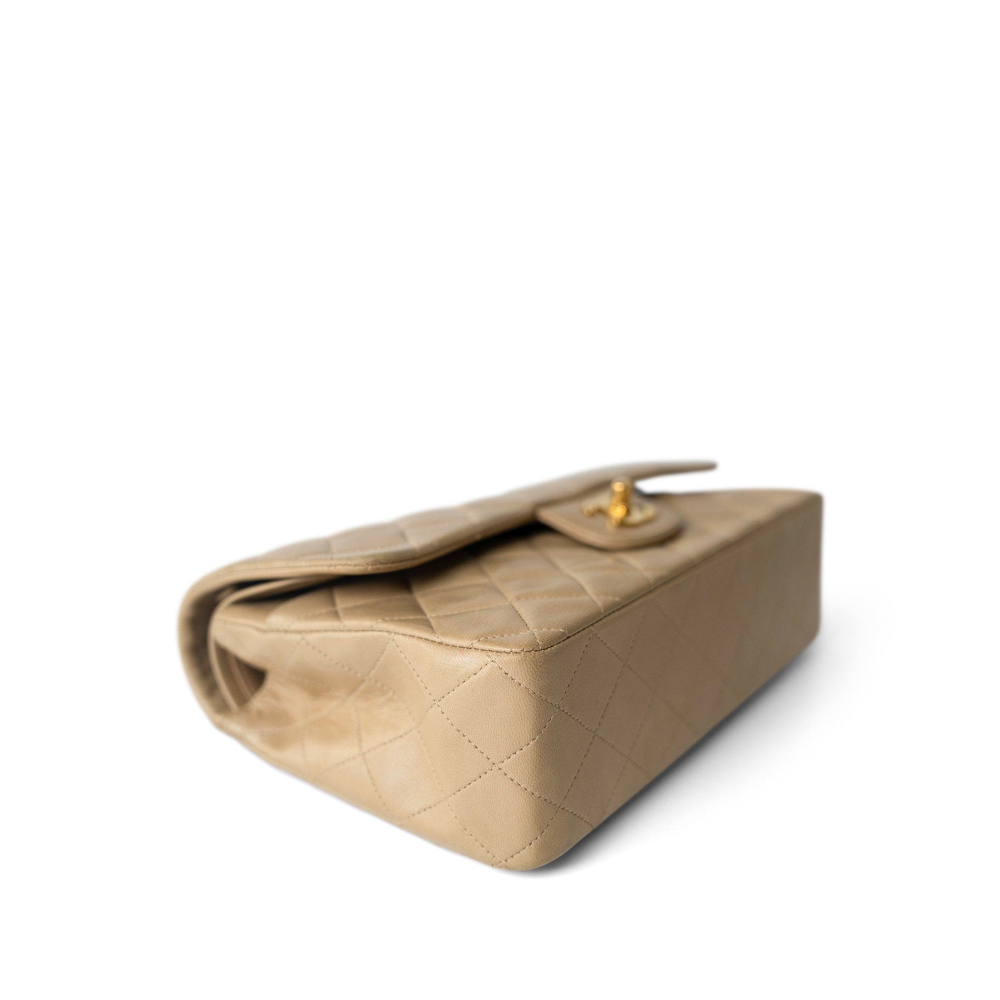 CHANEL Handbag Beige Vintage Dark Beige Lambskin Quilted Classic Flap Medium Gold Hardware - Redeluxe
