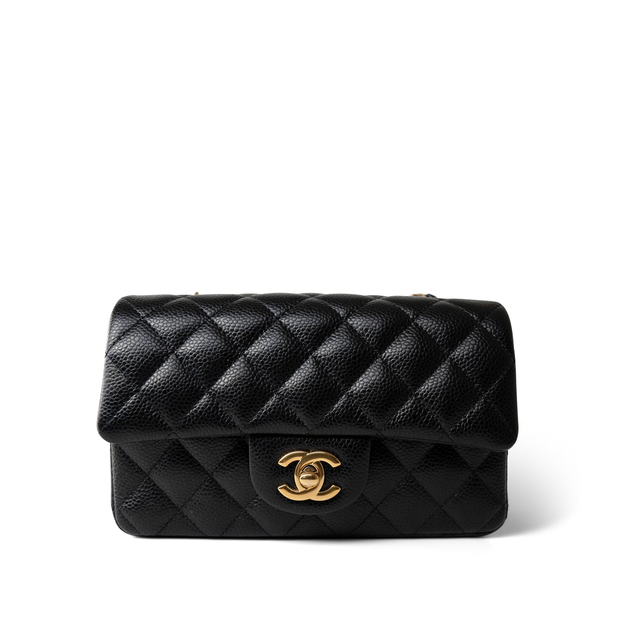 CHANEL Handbag Black 15B Black Caviar Quilted Mini Rectangular Flap Aged Gold Hardware - Redeluxe