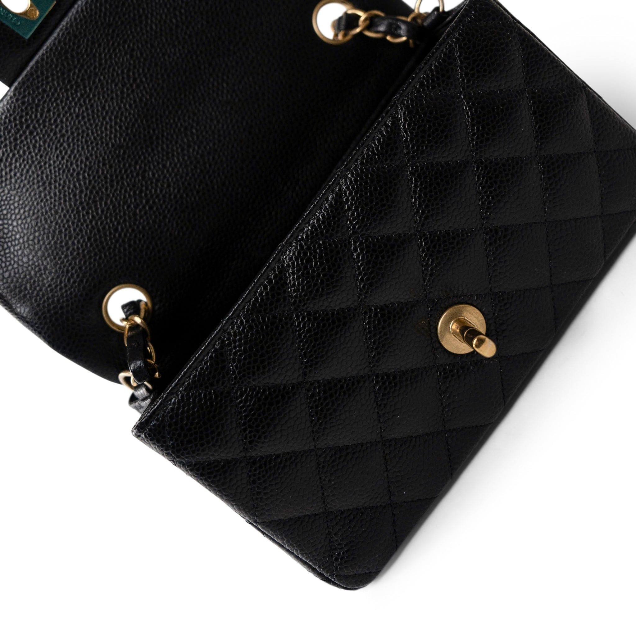 CHANEL Handbag Black 15B Black Caviar Quilted Mini Rectangular Flap Aged Gold Hardware - Redeluxe