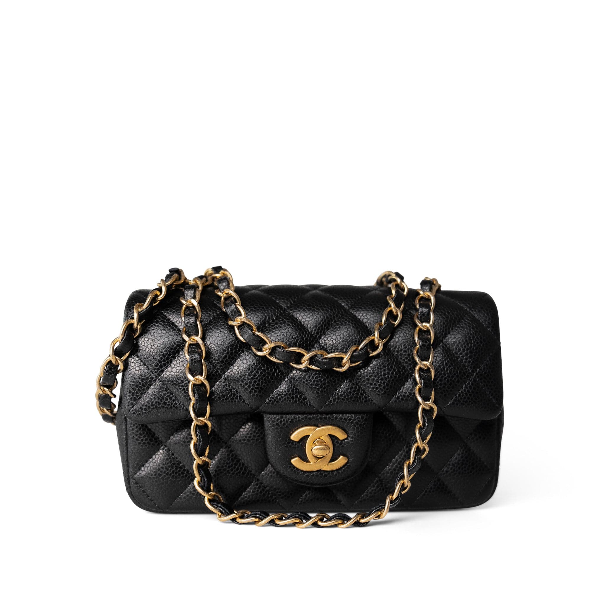 CHANEL Handbag Black 16C Black Caviar Quilted Mini Rectangular Single Flap Antique Gold Hardware - Redeluxe